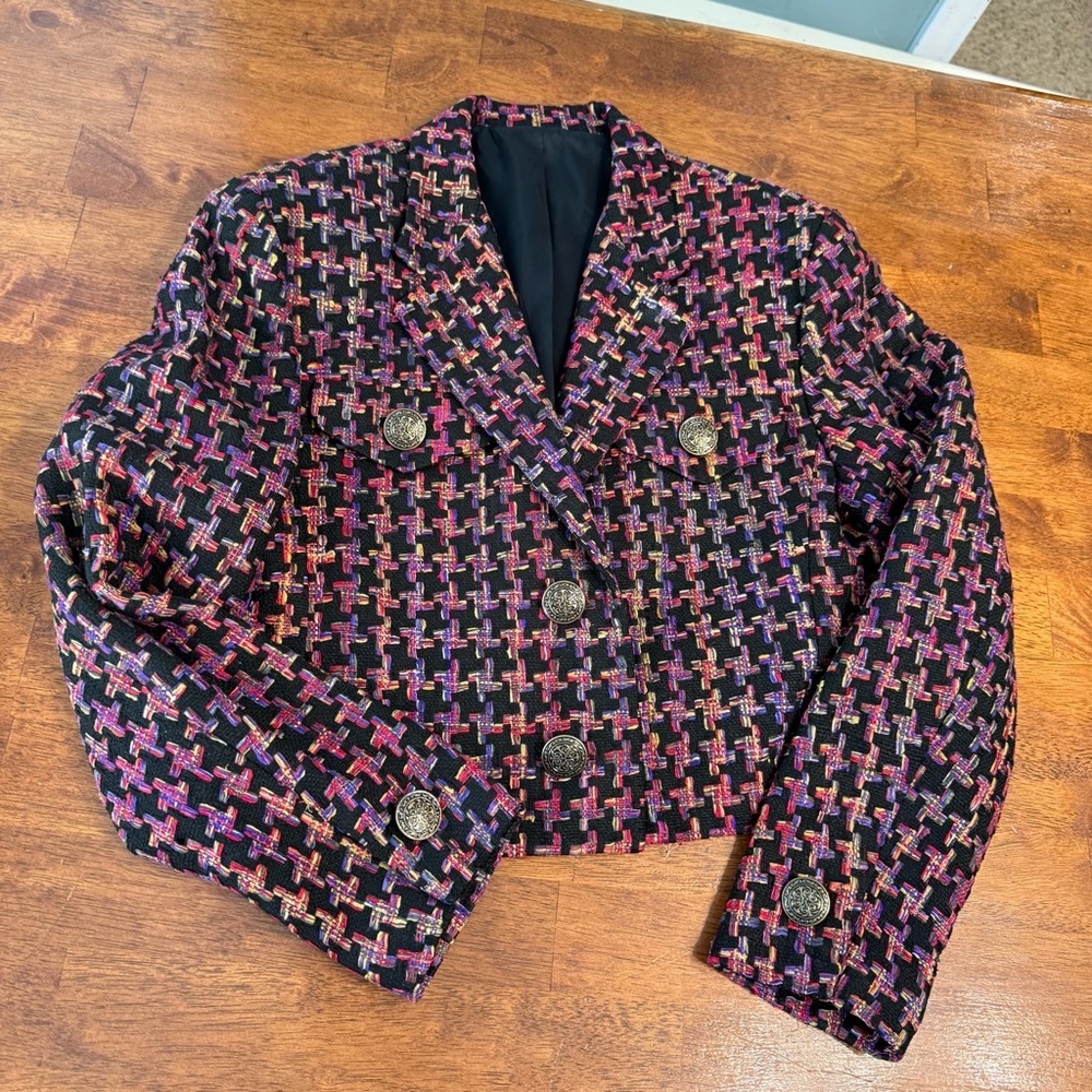 Vintage Women's Doncaster Silk Tweed Blazer Jacket black pink 100% silk size 8